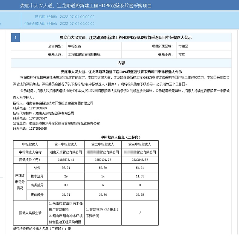 婁底市大漢大道、江龍路道路新建工程HDPE雙壁波紋管采購(gòu)項(xiàng)目